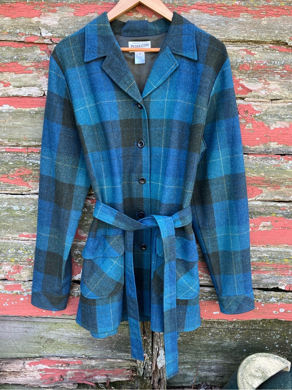 Pendleton Heritage Blue Plaid 100% Wool Button Utility Jacket w/Belt M Tall